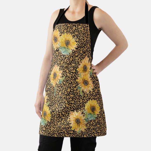 Sunflower Floral Flower Gold Leopard Jaguar Apron (Insitu)