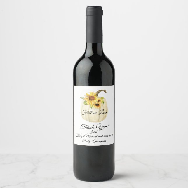 Sunflower Floral Foliage Fall Pumpkin Baby Shower Wine Label (Front)