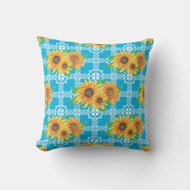 Sunflower Floral Frog Throw Pillow (Front)