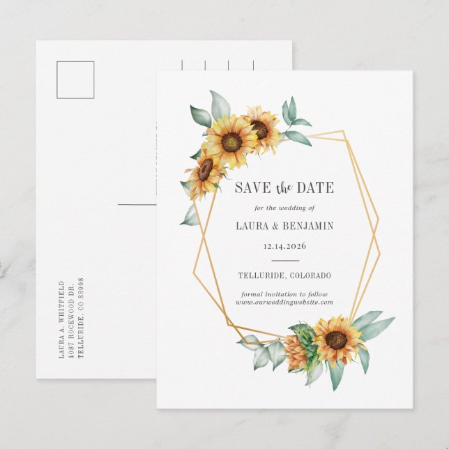 Sunflower Floral Gold Effect Geometric Rustic Save Announcement Postcard (Front/Back)