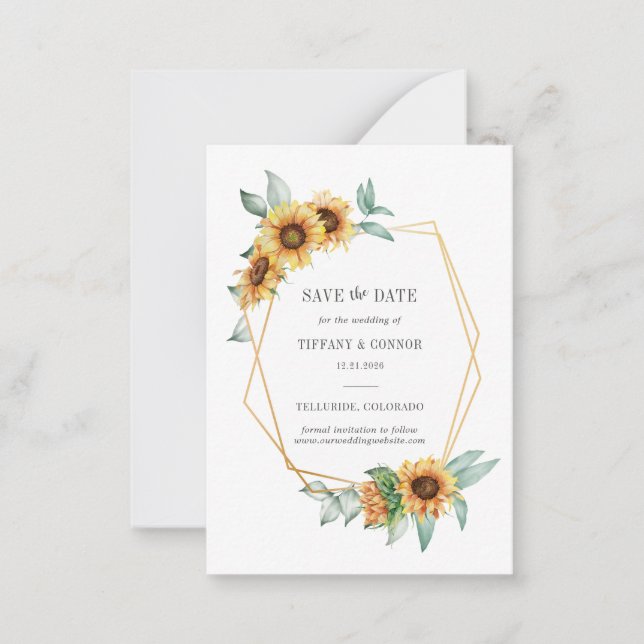 Sunflower Floral Gold Geometric Save The Date Card (Front)