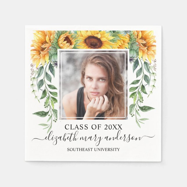 Sunflower Floral Graduation Photo Class of Napkin (Front)