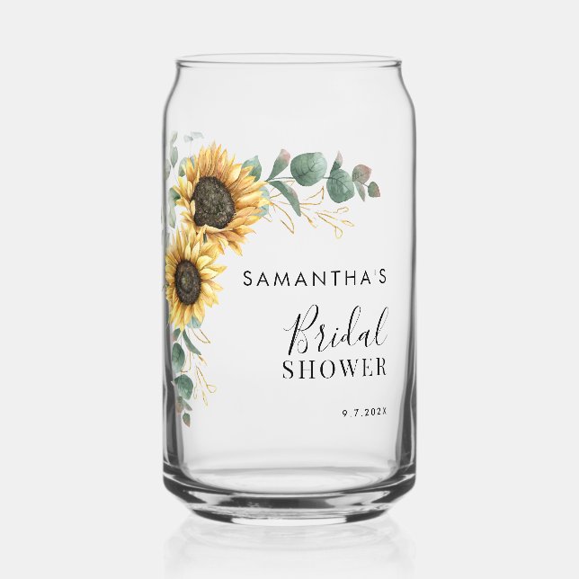 Sunflower Floral Greenery Bridal Shower Can Glass (Front)