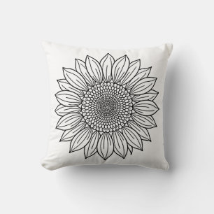 Sunflower Floral Illustration Line Art  Throw Pillow
