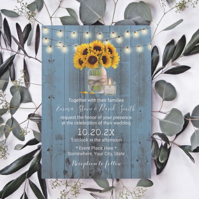 Sunflower Floral Jar Dusty Blue Barn Wood Wedding Invitation (Creator Uploaded)