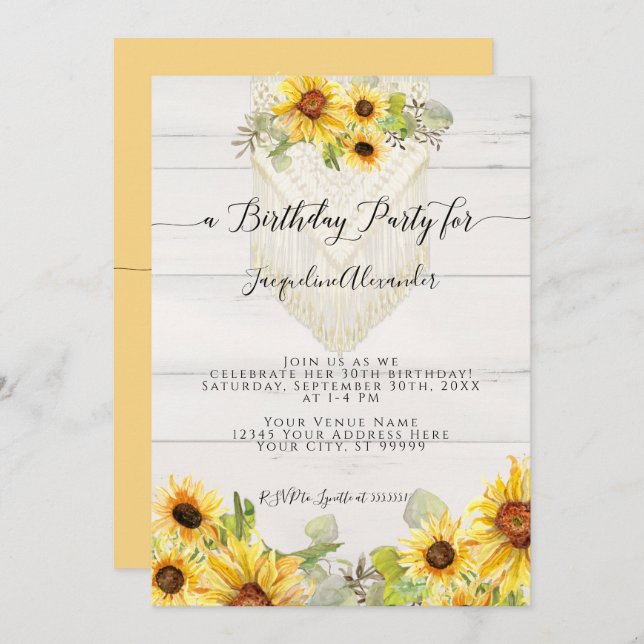 Sunflower Floral Leaf Macrame Boho Birthday Party Invitation (Front/Back)