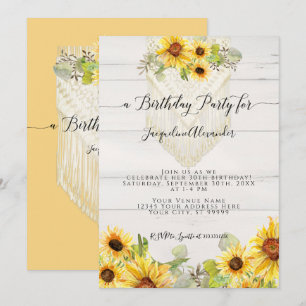 Sunflower Floral Leaf Macrame Boho Birthday Party Invitation