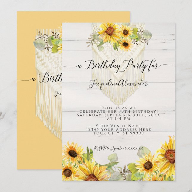 Sunflower Floral Leaf Macrame Boho Birthday Party  Invitation (Front/Back)