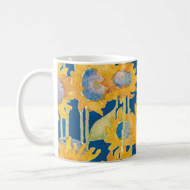 Sunflower Floral Pattern Blue Coffee Mug (Left)