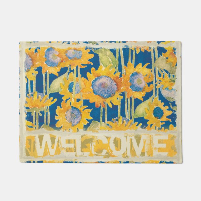 Sunflower Floral Pattern Blue Welcome Doormat (Front)