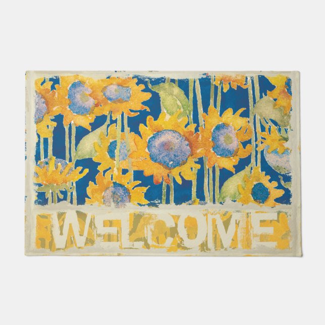 Sunflower Floral Pattern Blue Welcome Doormat (Front)