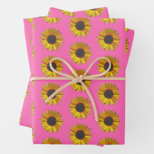 Sunflower Floral Pattern On Hot Pink Wrapping Paper Sheet