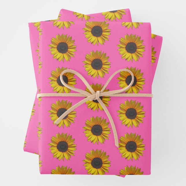 Sunflower Floral Pattern On Hot Pink Wrapping Paper Sheet (In situ)