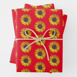 Sunflower Floral Pattern On Red Wrapping Paper Sheet