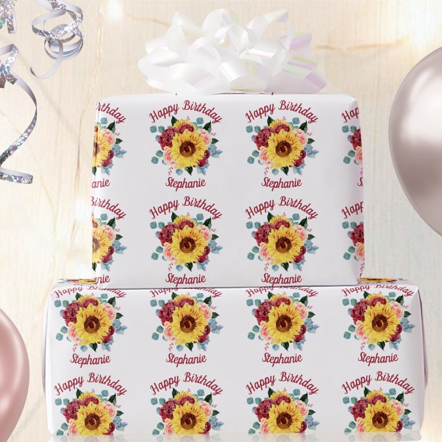 Sunflower Floral Personalized Happy Birthday Wrapping Paper (Creator Uploaded)