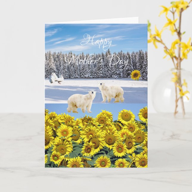 Sunflower Floral Polar Bear Folded Greeting Card (Yellow Flower)