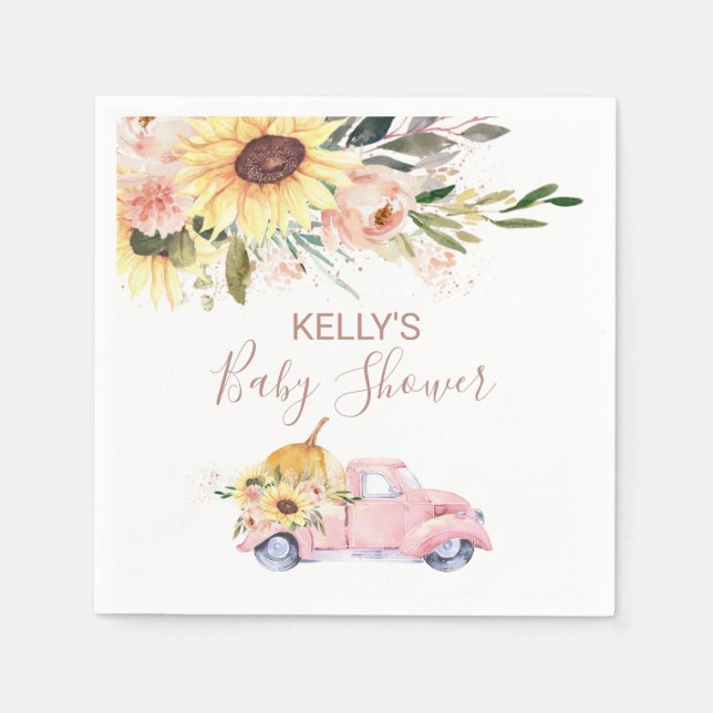 Sunflower Floral Pumpkin Truck Baby Shower  Napkin (Front)