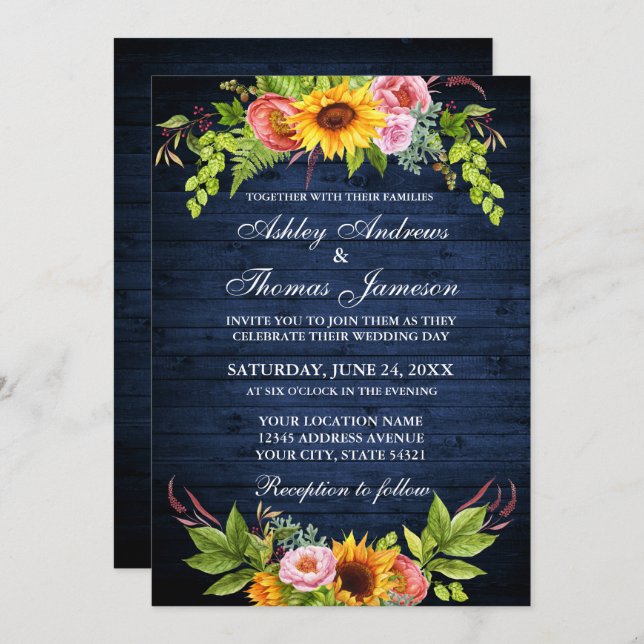 Sunflower Floral Rustic Blue Wood Wedding Invitation (Front/Back)