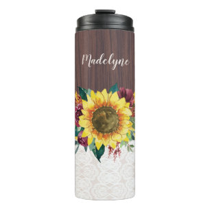 Sunflower Floral Rustic Personalized Name Thermal Tumbler