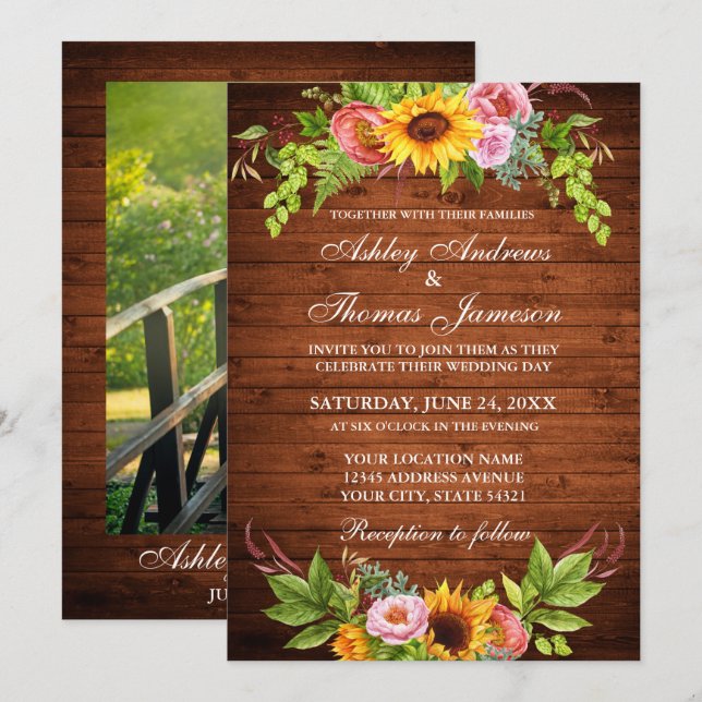 Sunflower Floral Rustic Wood Photo Wedding Invitation (Front/Back)
