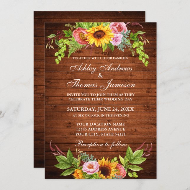 Sunflower Floral Rustic Wood Wedding Invitation (Front/Back)
