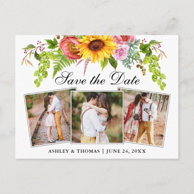 Sunflower Floral Save the Date 3 Photo Invitation Postcard (Front)