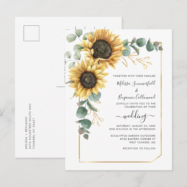 Sunflower Floral Script Botanical Wedding Invitation Postcard (Front/Back)