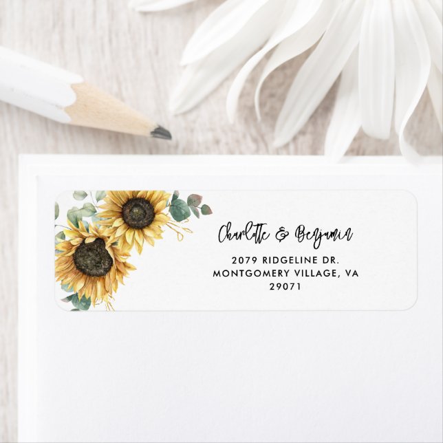 Sunflower Floral Script Mariage Adresse de retour (En situation)