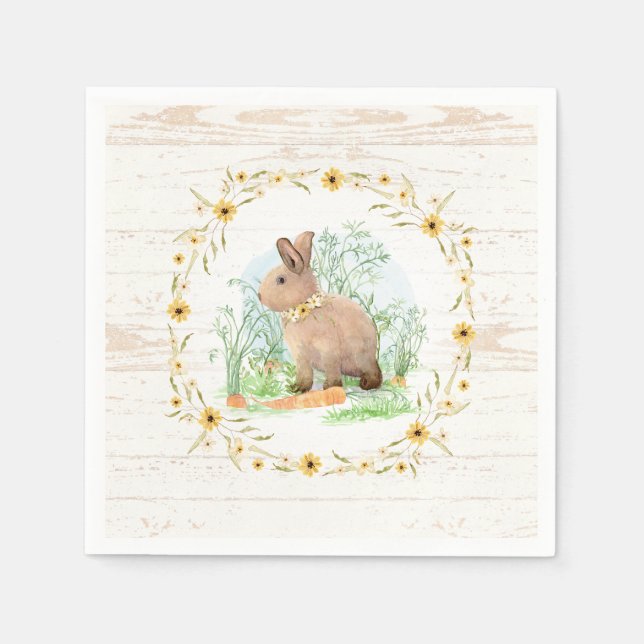Sunflower Floral Spring Rabbit Garden Watercolor Napkin (Front)