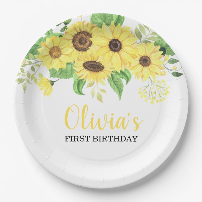 Sunflower Floral Summer First Birthday Paper Plate (Front)