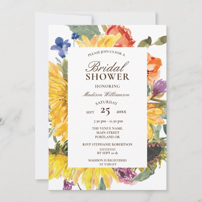 Sunflower Floral  Watercolor Bridal Shower Invitation (Front)