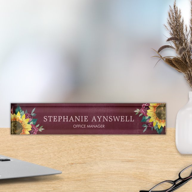 Sunflower Floral Watercolor Burgundy Nameplate (Creator Uploaded)