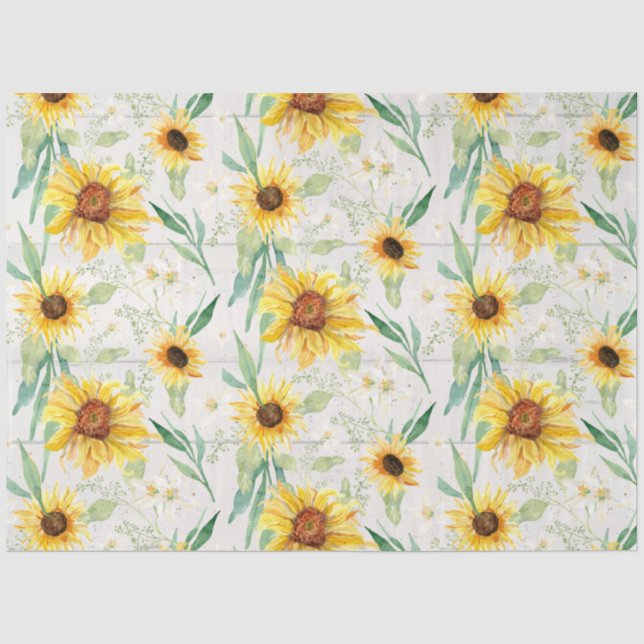 Sunflower Floral Watercolor White Wood Decoupage Tissue Paper (Front)