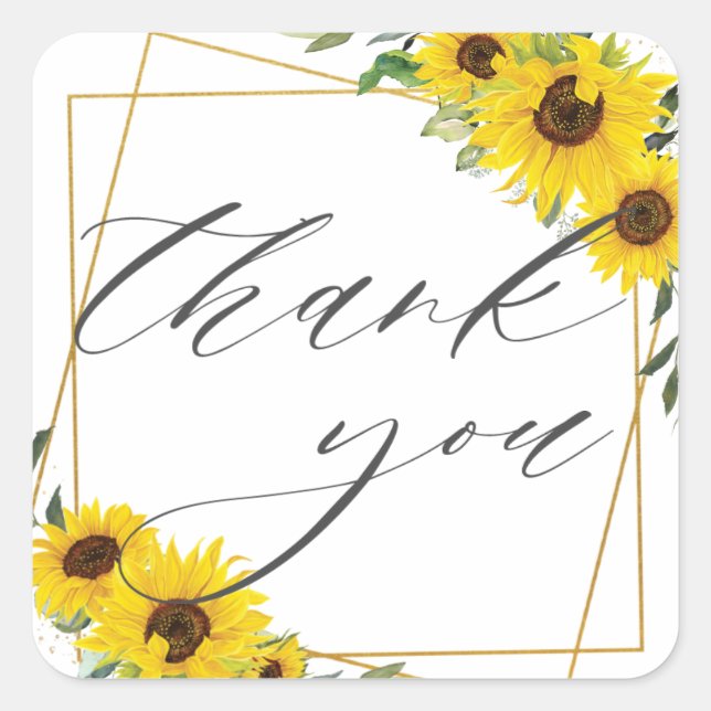 Sunflower Floral Wedding Gold Geometric Thank You  Square Sticker (Front)