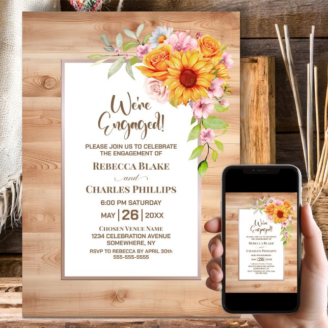 Sunflower Floral Wood Engagement Party Invitation (Creator Uploaded)