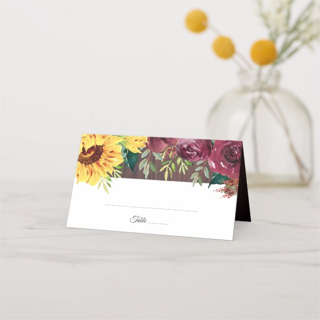 Sunflower Floral Wood Fall Wedding Place Card (Front)