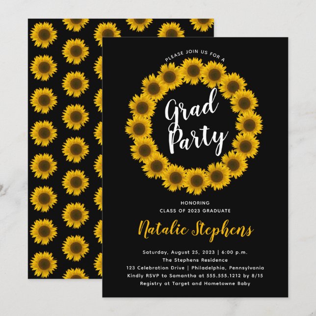 Sunflower Floral Wreath Graduation Party Invitation (Front/Back)