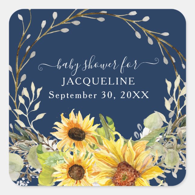 Sunflower Floral Wreath Navy Yellow Baby Shower Square Sticker (Front)