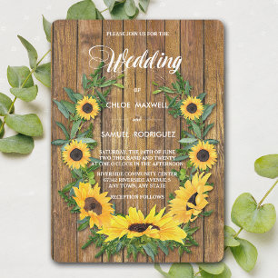 Sunflower Floral Wreath Wood Wedding Invitation