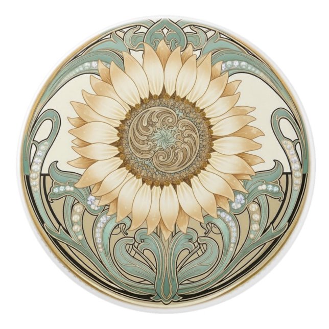 Sunflower Flower Green Cream Gold Art Deco Nouveau Ceramic Knob (Front)