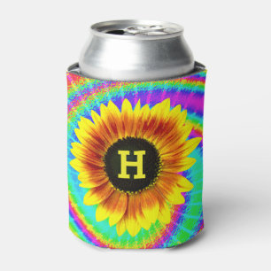 Sunflower Flower Power Tiedyed Retro Monogram Can Cooler