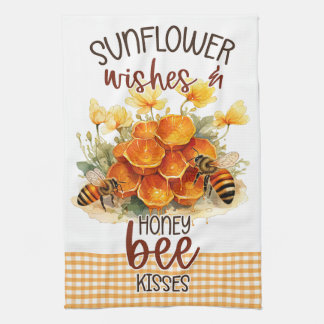 Sunflower Flowers Gingham Honey Bees  Kitchen Towel