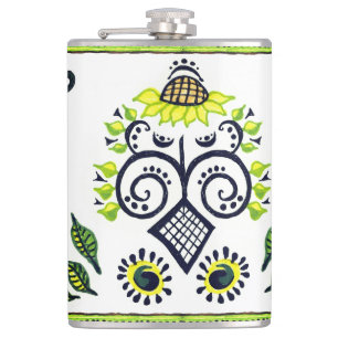 Sunflower Folk Art Pattern in Yellow and Black Hip Flask