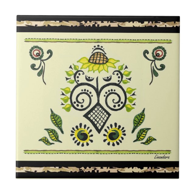 Sunflower Folk Pattern by Alexandra Cook Tile (Front)