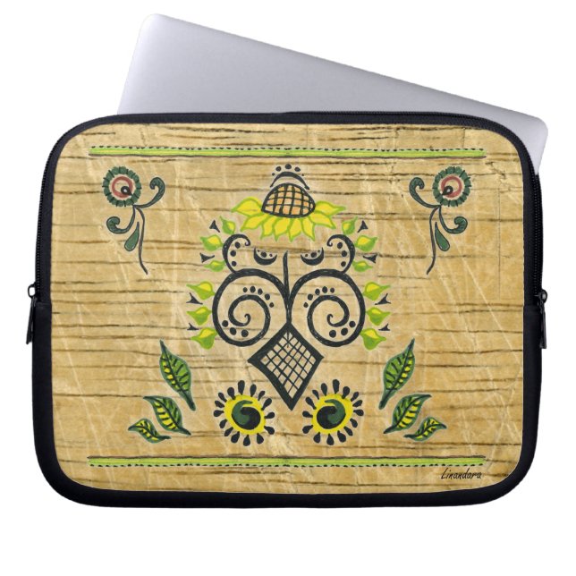 Sunflower Folk Pattern on wood Laptop Sleeve (Front)