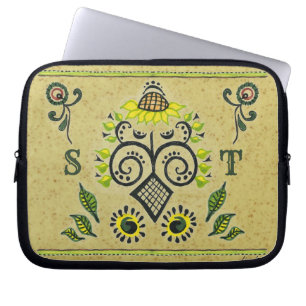 Sunflower Folk Pattern & Your Initials Laptop Sleeve