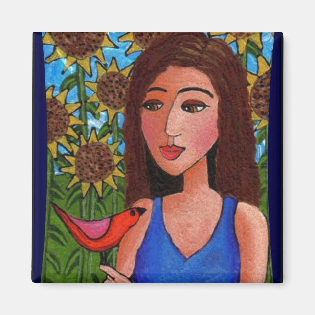 Sunflower forest, Lady & Red Bird - magnet (Front)