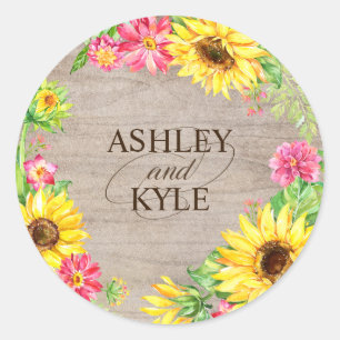 Sunflower Frame on Rustic Wood Classic Round Sticker