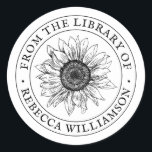Sunflower From the Library Custom Name Bookplate Classic Round Sticker<br><div class="desc">This old-fashioned, elegant design features a hand-drawn sunflower in centre place surrounded by vintage English lettering. The words 'From the library of' appear, in a gracious arc, framing the lovely sunflower. Your name follows below in the same charming circular style. Show your precious volumes some love, add a touch of...</div>