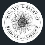 Sunflower From the Library Custom Name Bookplate Classic Round Sticker<br><div class="desc">This old-fashioned, elegant design features a hand-drawn sunflower in centre place surrounded by vintage English lettering. The words 'From the library of' appear, in a gracious arc, framing the lovely sunflower. Your name follows below in the same charming circular style. Show your precious volumes some love, add a touch of...</div>
